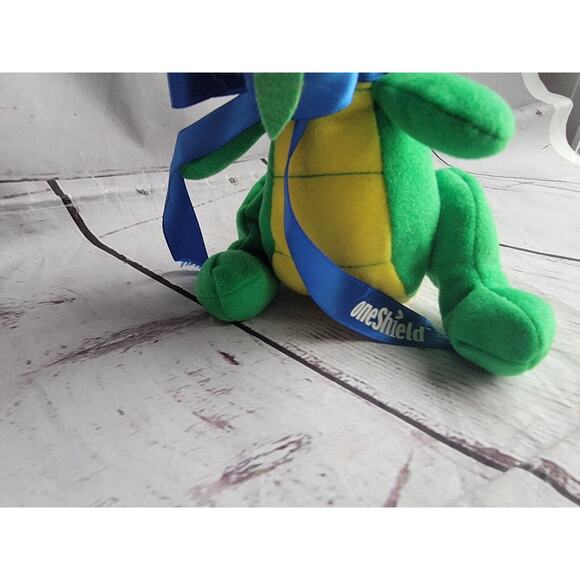 Plush Dragon Stuffed Animal Toy Vintage Green Plushie Small One Sheild Ribbon - Picture 3 of 8